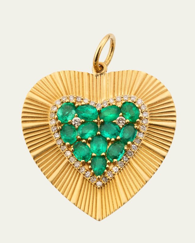 14K Yellow Gold Emerald and Diamond Fluted Heart Charm