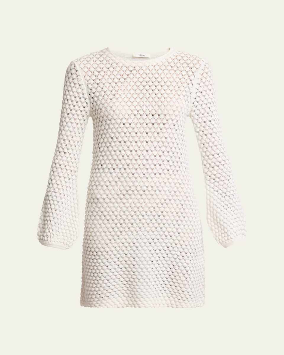 Short Pointelle Knit Long Sleeve Dress