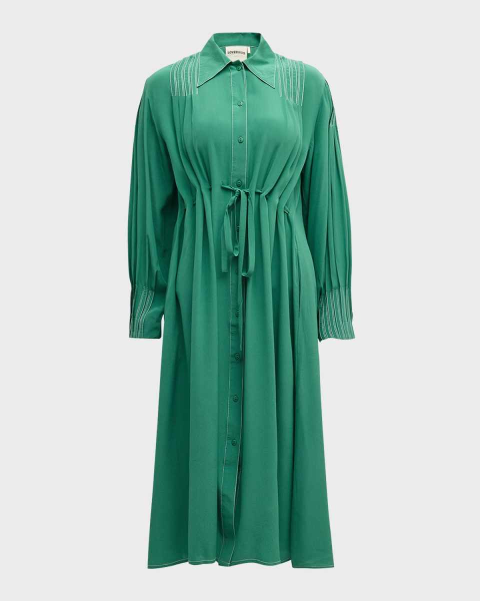 Picnic Pleated Topstitch Silk Midi Dress