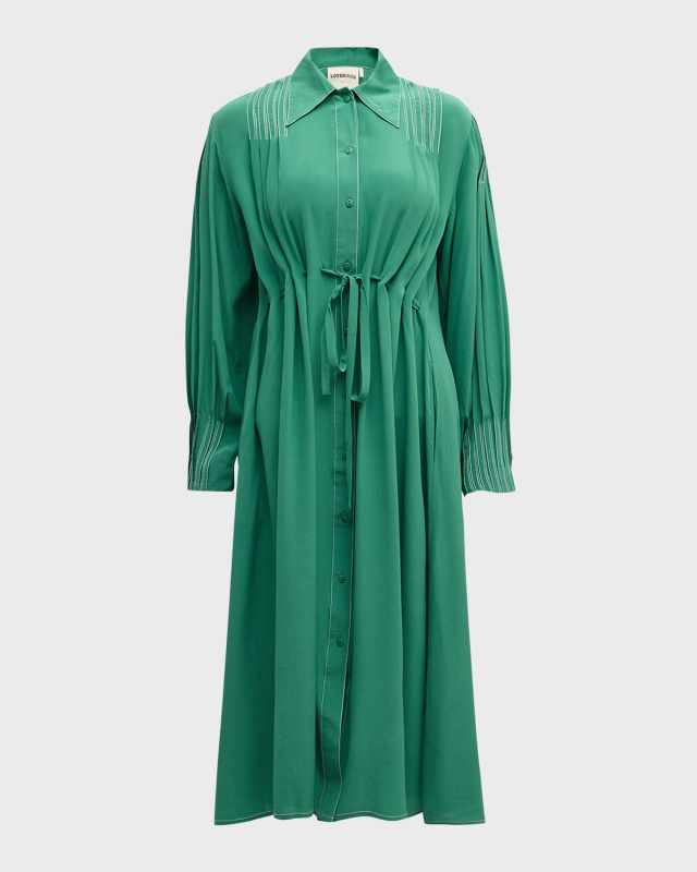 Picnic Pleated Topstitch Silk Midi Dress