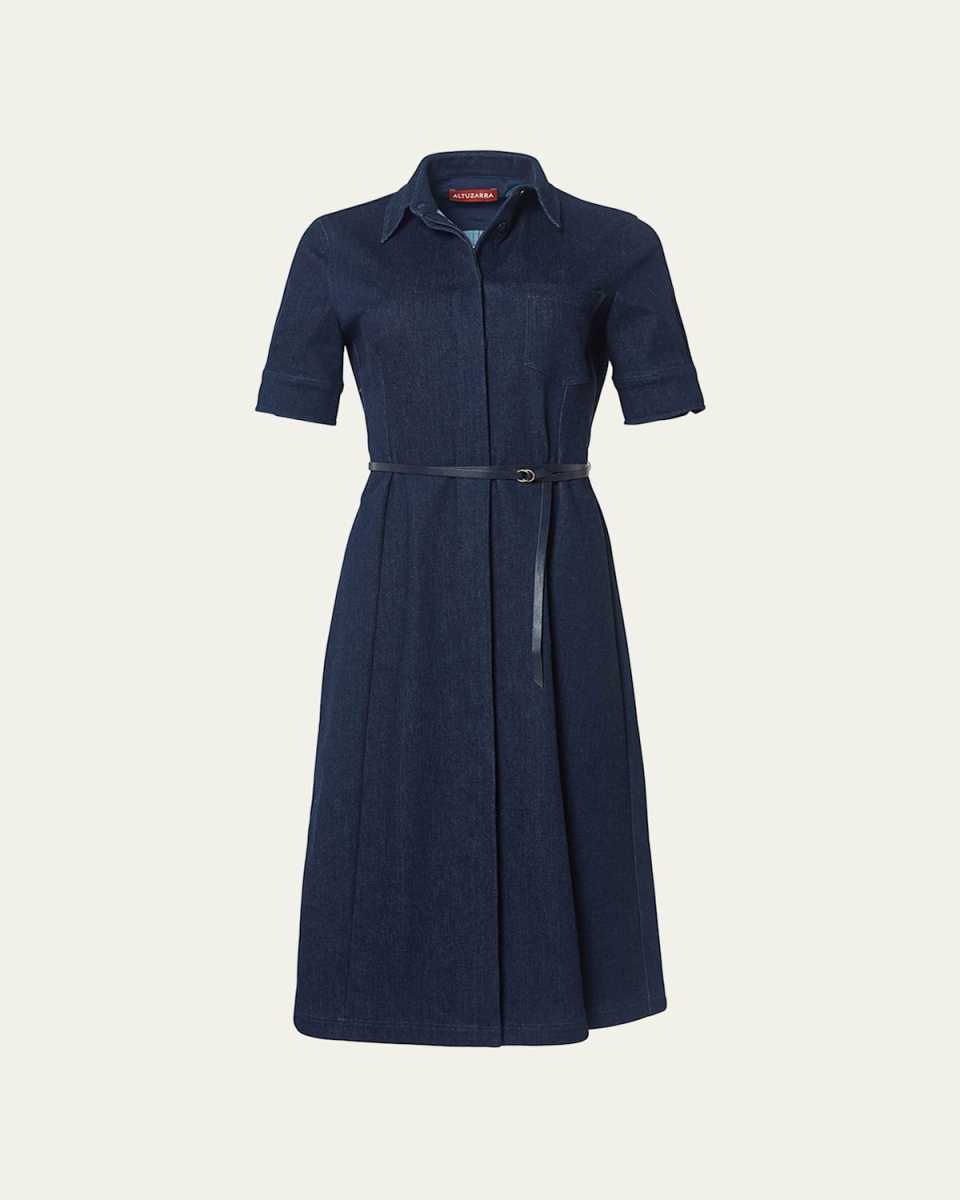 Kieran Denim Leather Belted Midi Dress