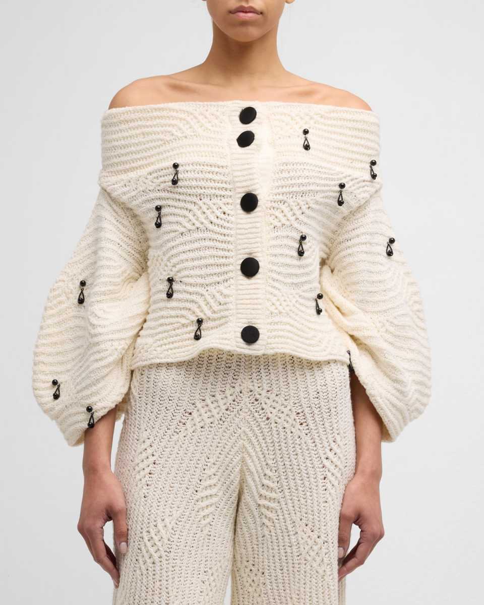 Pearly-Drop Embellished Off-The-Shoulder Knit Cardigan