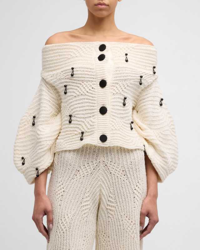 Pearly-Drop Embellished Off-The-Shoulder Knit Cardigan