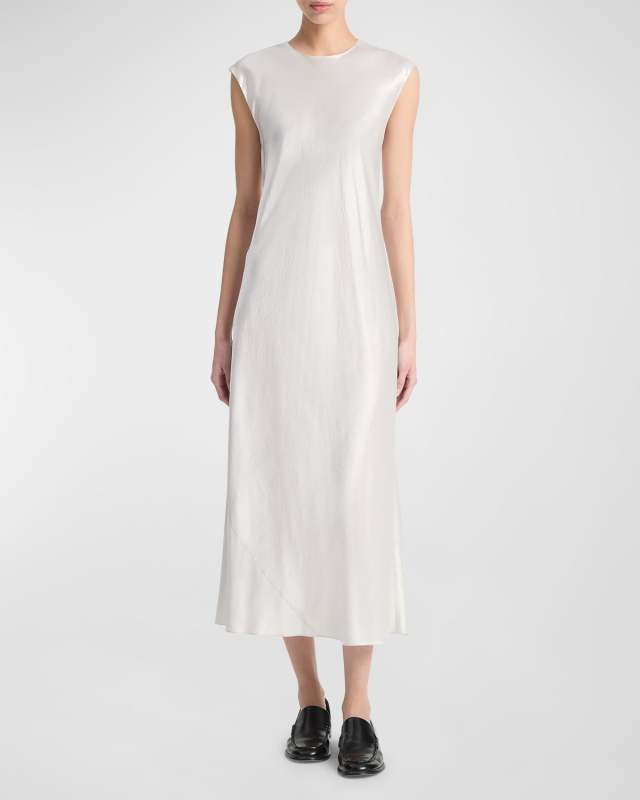 Bias Satin Crew Cap-Sleeve Midi Dress