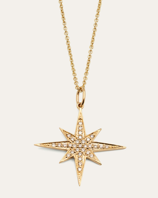 18" 14K Gold And Diamond Medium Starburst Charm Necklace