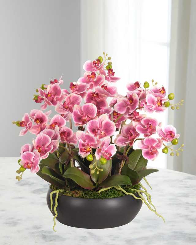 Pink Phalaenopsis Orchids 19" Faux Floral Arrangement in a Ceramic Bowl
