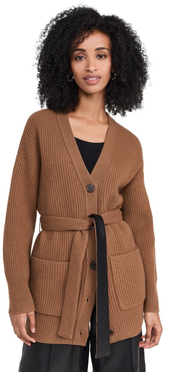 Vince Leather Belt Ribbed Cardigan Almond