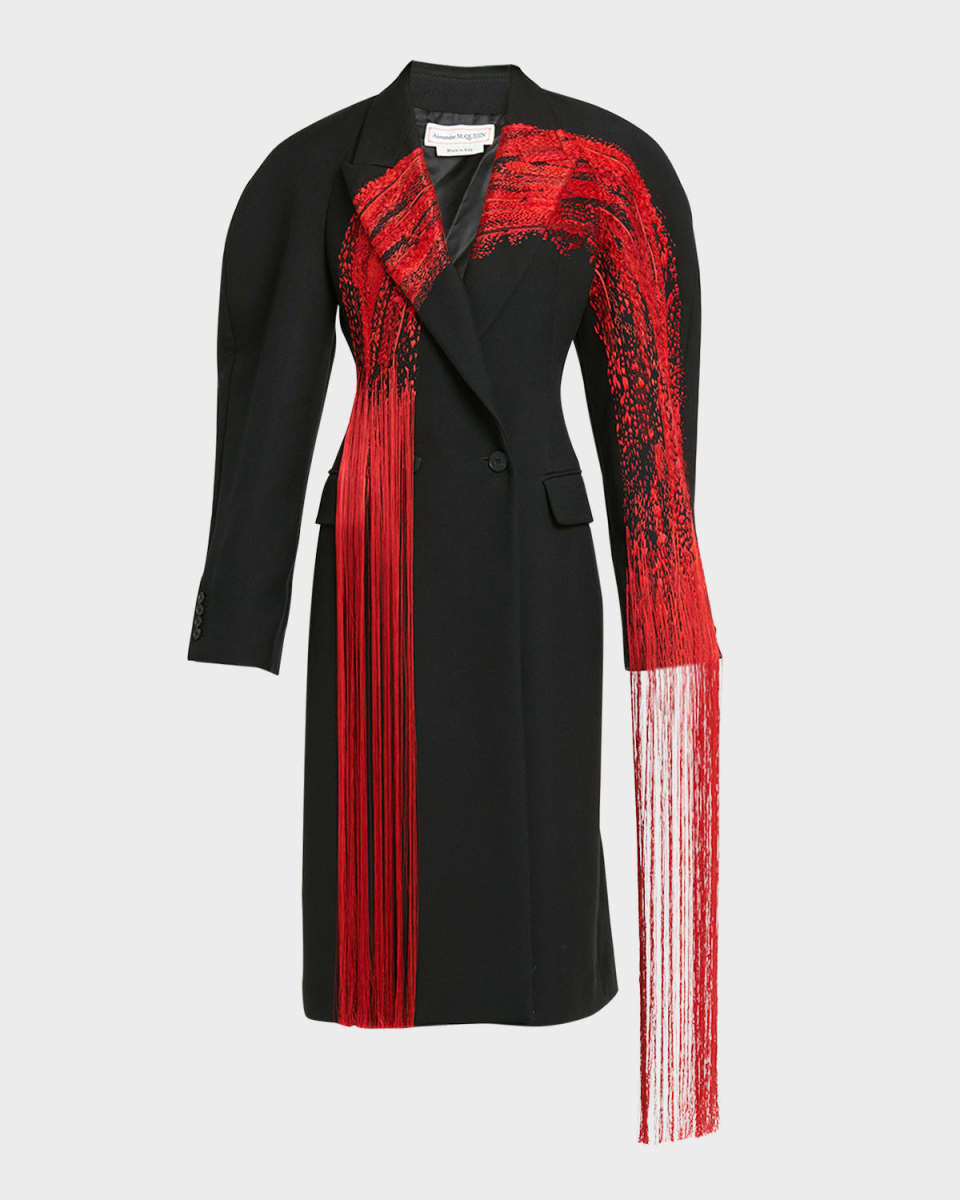 Brushstroke Embroidered Fringe Double-Breasted Long Coat