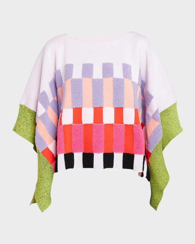 Check Textured Knit Poncho Sweater