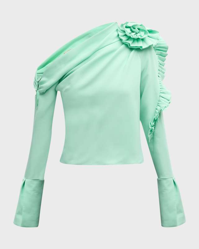 Belle Ruffle Rosette One-Shoulder Long-Sleeve Crop Top