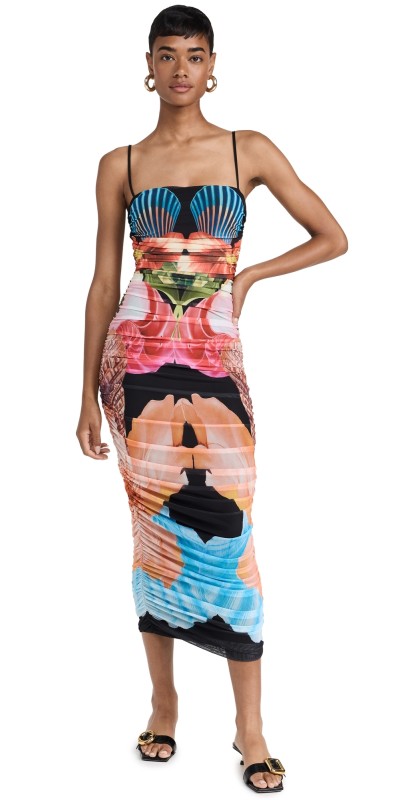 AFRM Hazel Ruched Midi Dress Hibiscus Shell
