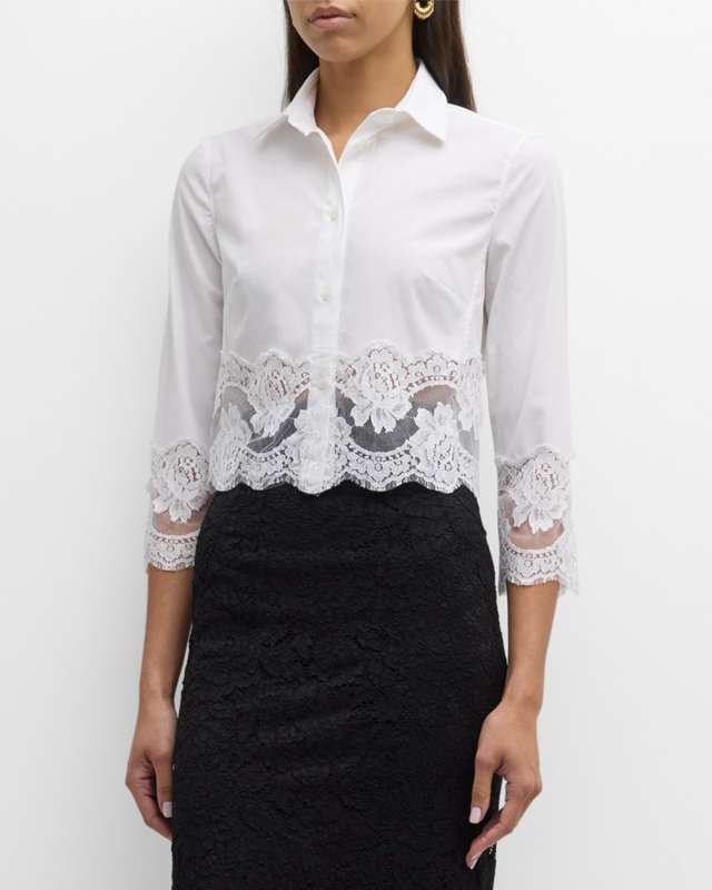 Cropped Button-Front Blouse with Lace Trim