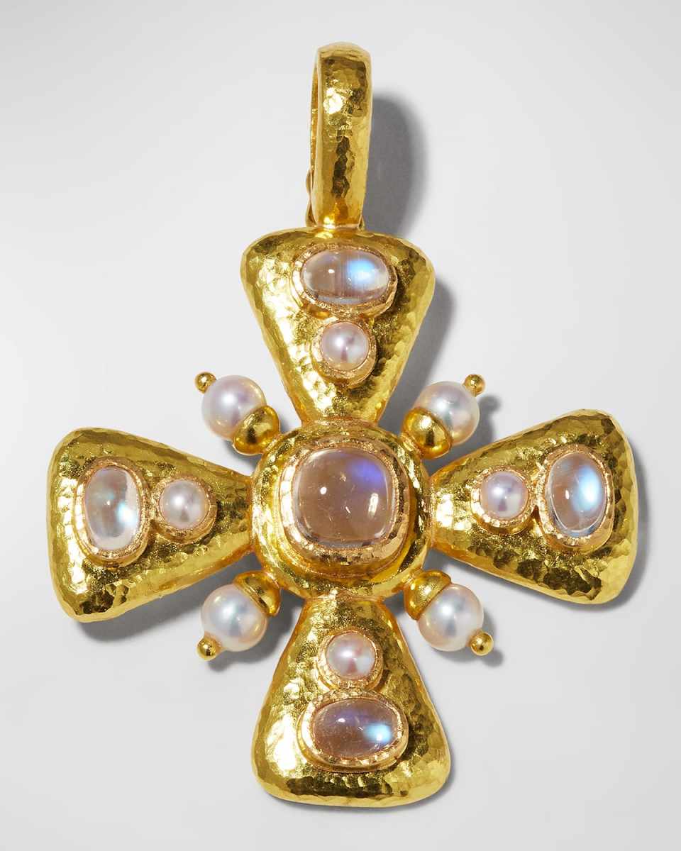 19K Moonstone and Pearl Maltese Cross Pendant