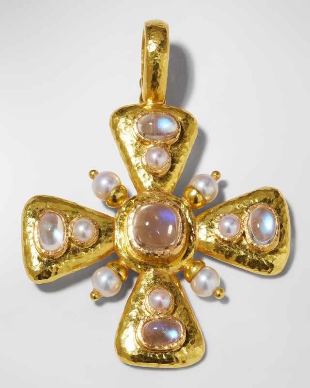 19K Moonstone and Pearl Maltese Cross Pendant