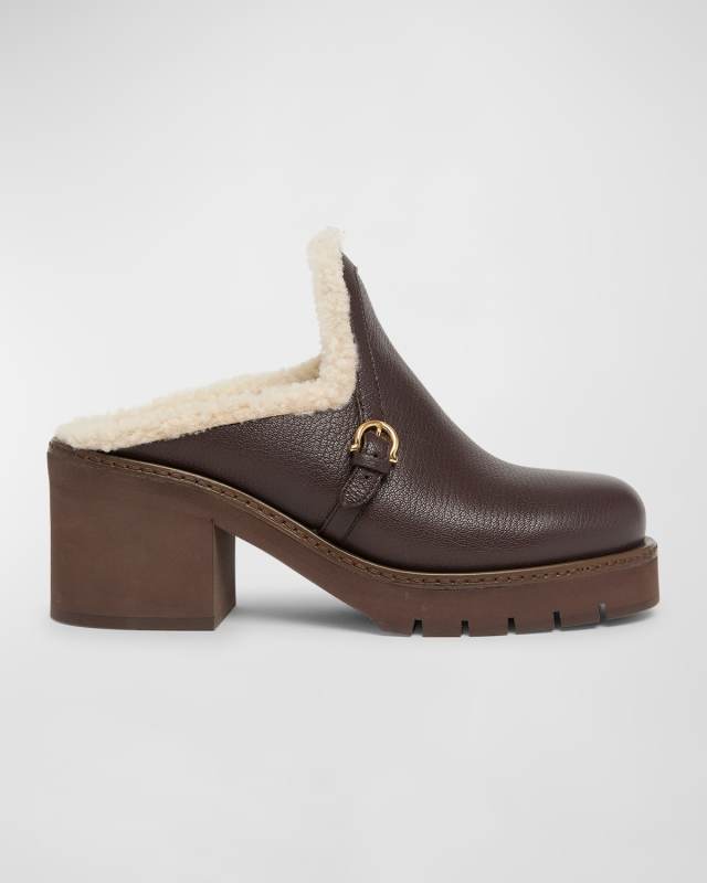 Saura Leather Shearling Buckle Mules