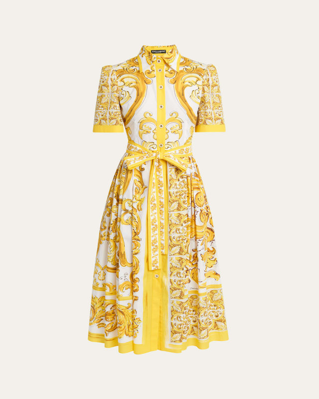 Brocade Print Poplin Midi Shirtdress with Tie Belt