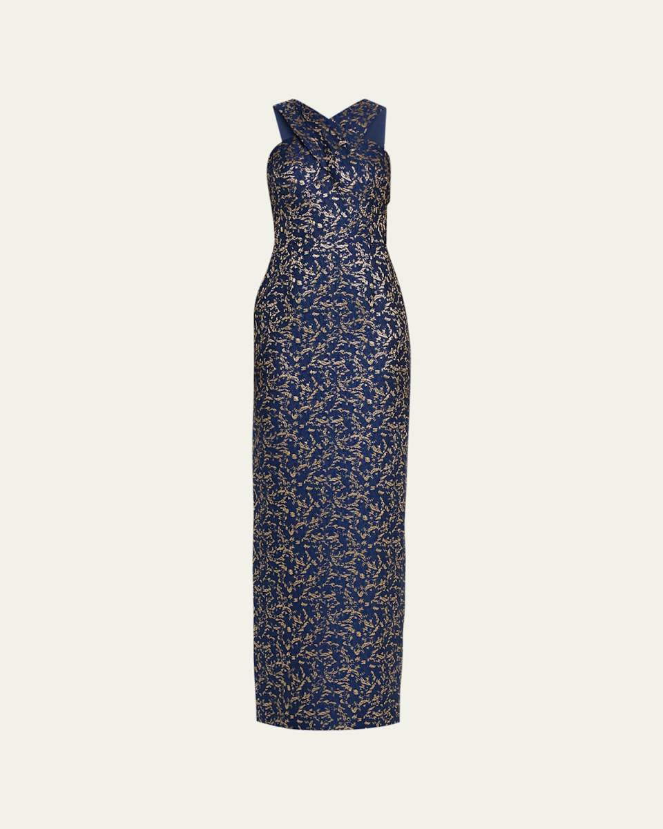 Sleeveless Crossover Jacquard Column Gown