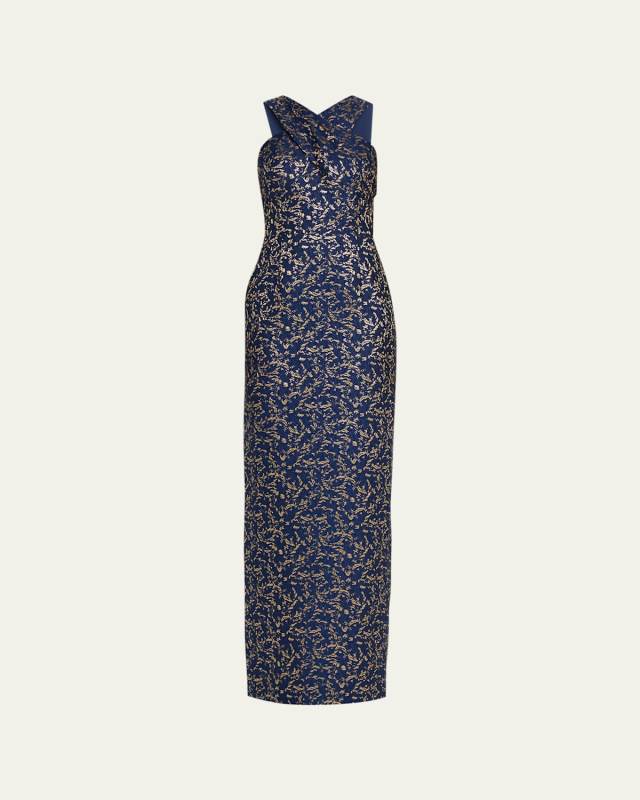Sleeveless Crossover Jacquard Column Gown