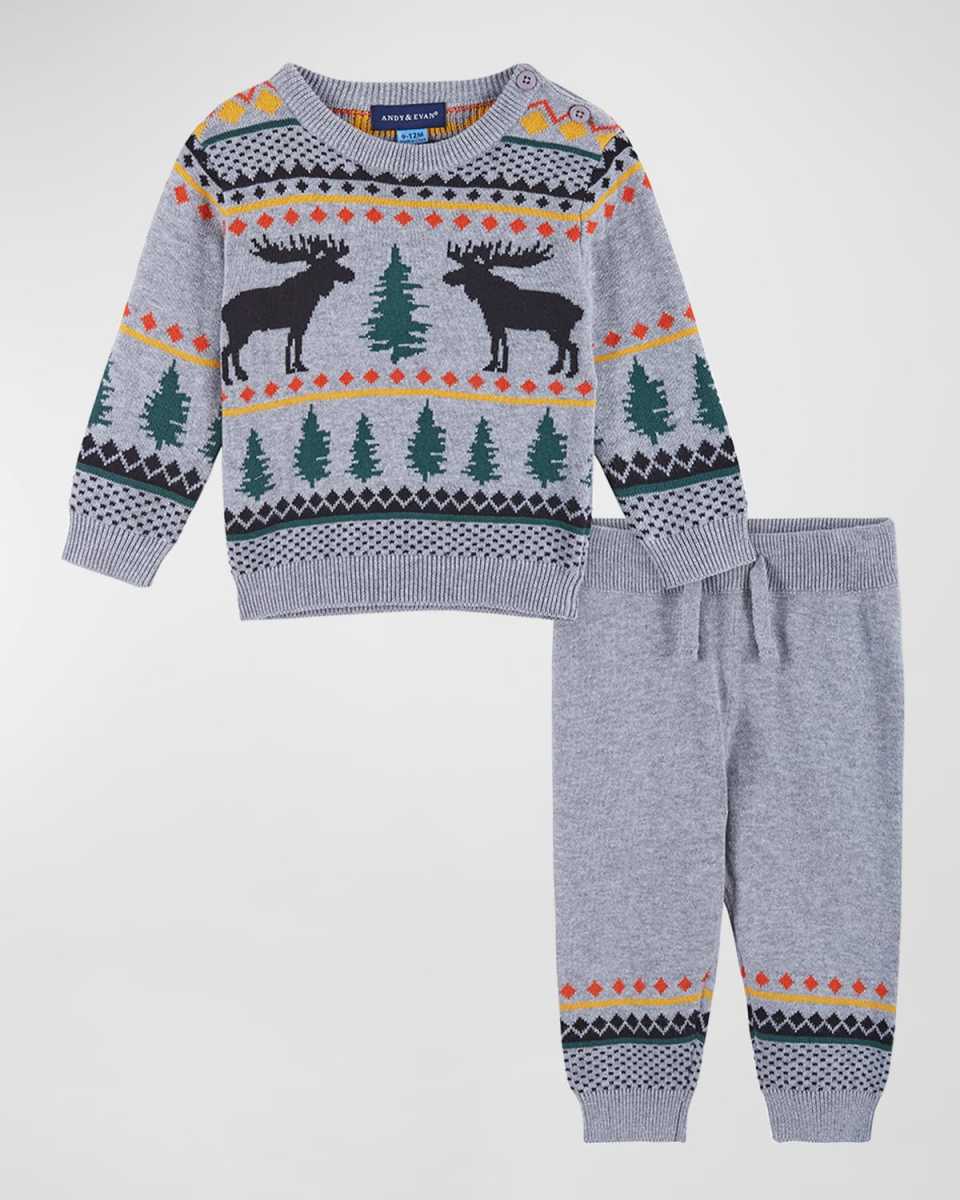 Boy's Moose Embroidered Two-Piece Sweater Set, Size 0M-24M