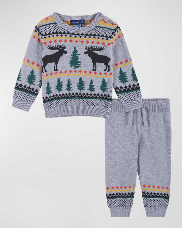 Boy's Moose Embroidered Two-Piece Sweater Set, Size 0M-24M