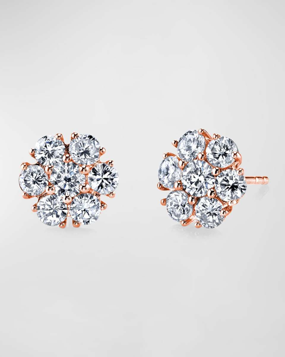 18K Gold Round Diamond Flower Stud Earrings, 3.45tcw, 0.49"L / 0.49"W