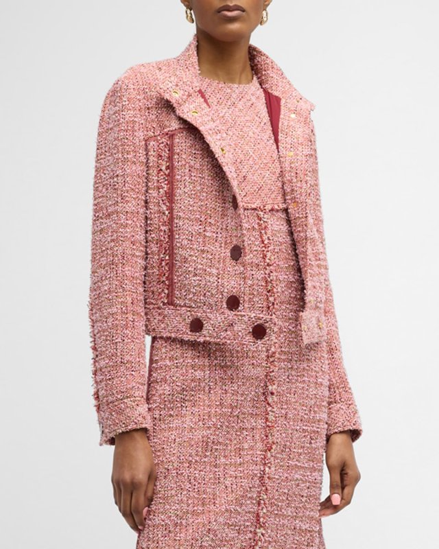 Georgette-Trim Textured Eyelash Fringe Tweed Jacket