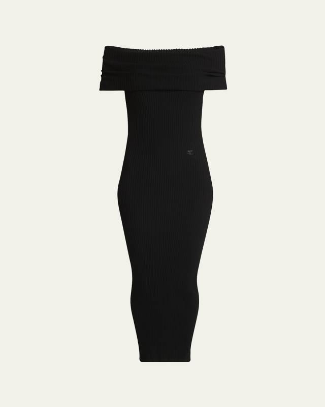 Long Off-Shoulder Twist Ribbed Dress