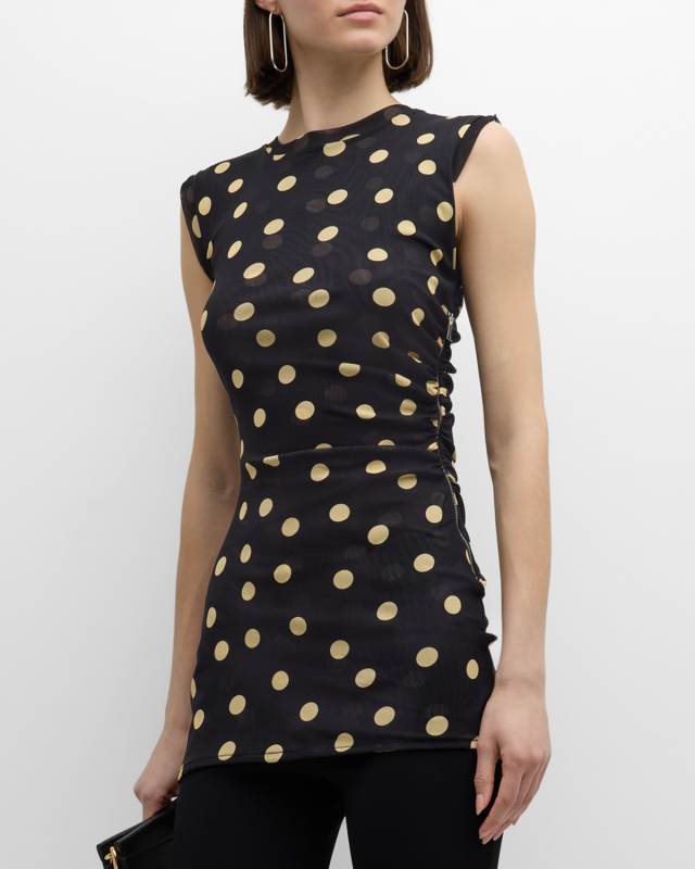 Ruched Polka-Dot Jersey Sleeveless Top
