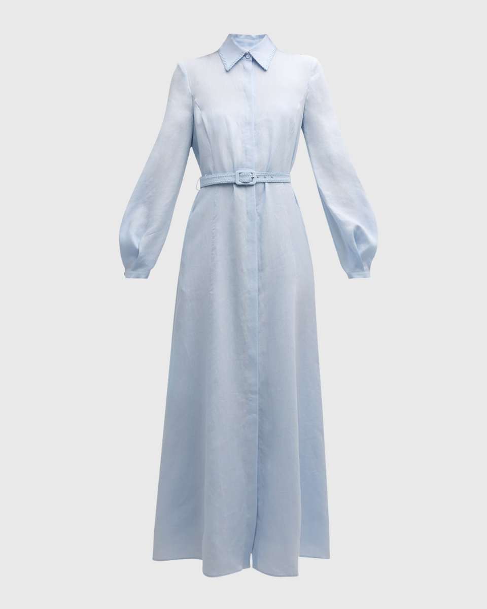 Breton Belted Long-Sleeve Linen Maxi Shirtdress
