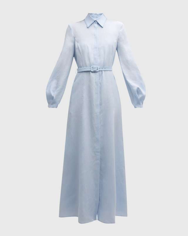 Breton Belted Long-Sleeve Linen Maxi Shirtdress
