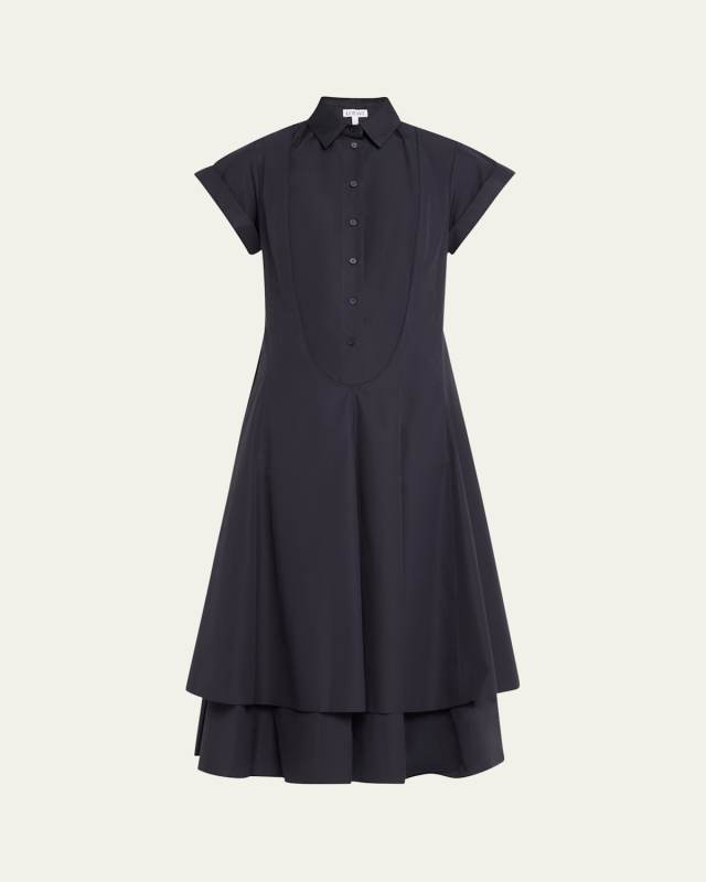 Layered Poplin Seamed Placket Midi Shirtdress