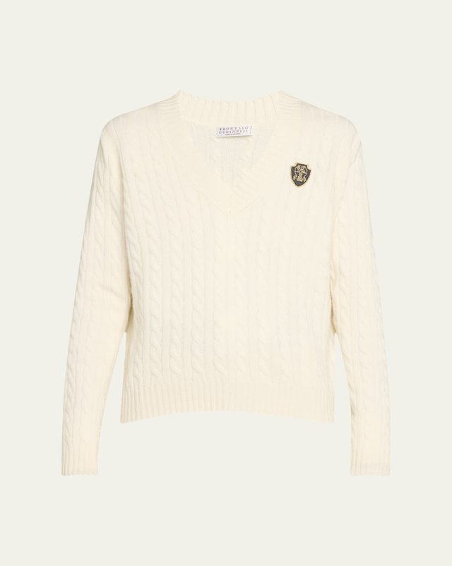 Cashmere Cable-Knit Sweater with Crest Embroidery