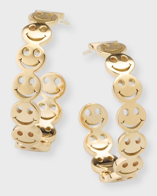 14K Yellow Gold Happy Face Hoop Earrings