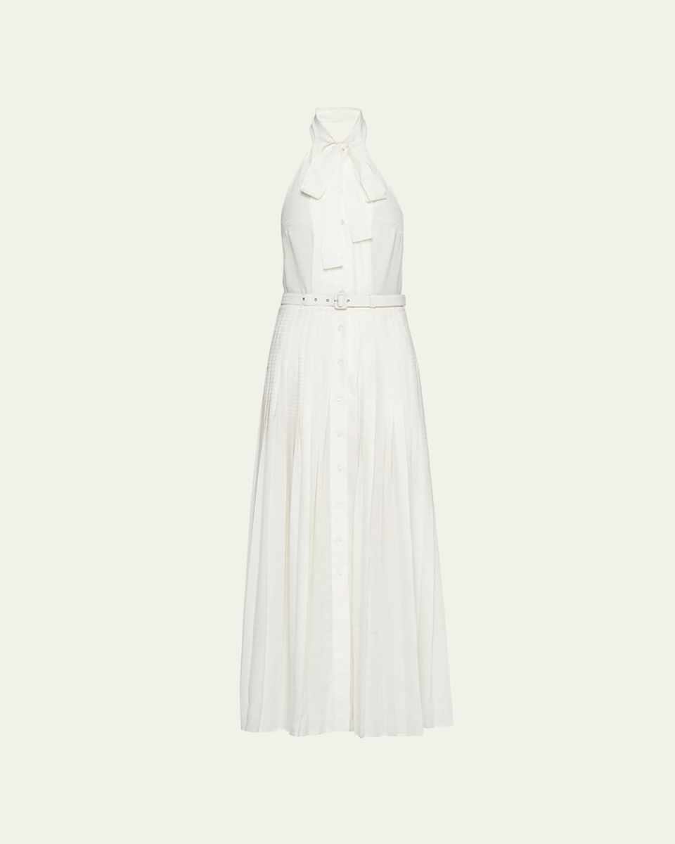 Halter Pleated Silk Belted Dress