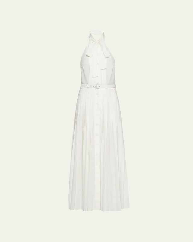 Halter Pleated Silk Belted Dress