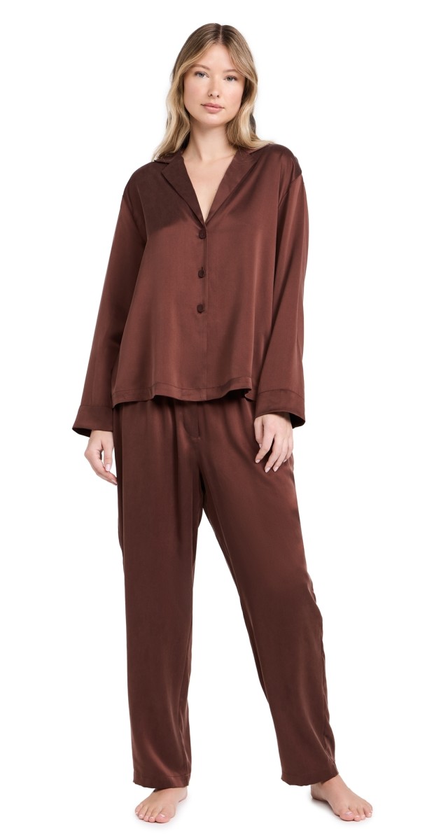 Lunya Washable Silk Long Sleeve Pants Set Dozing Umber