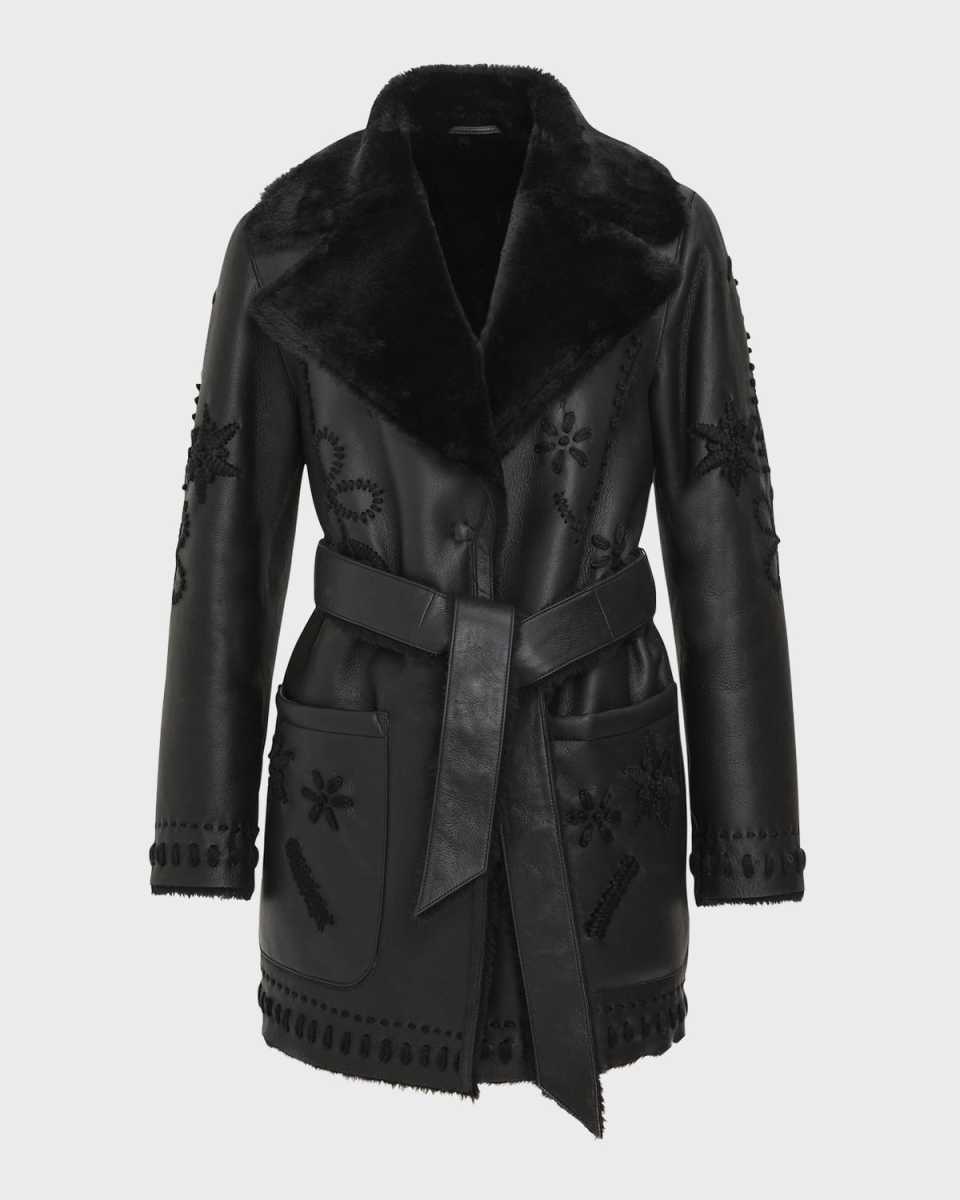 Embroidered Lamb Shearling Wrap Jacket