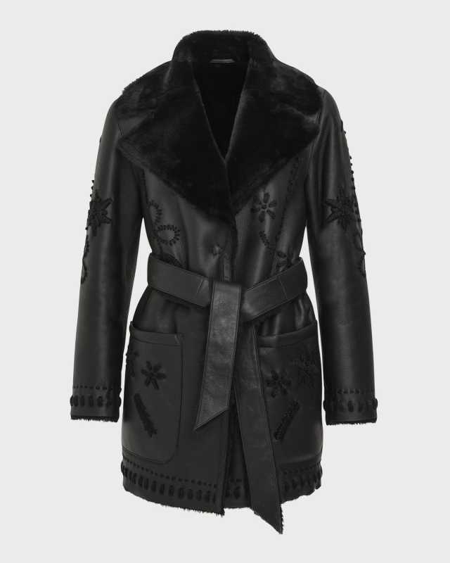 Embroidered Lamb Shearling Wrap Jacket