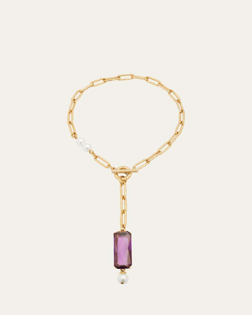 Hammered Chain Y-Necklace with Pearly Beads and Stone
