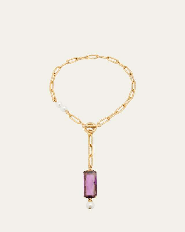 Hammered Chain Y-Necklace with Pearly Beads and Stone
