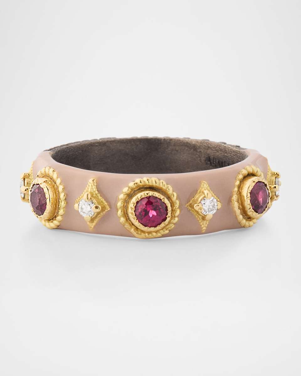 18K Rose Gold, Antiqued Silver, and Nude Enamel Stacked Ring with Diamonds and Purple Garnet