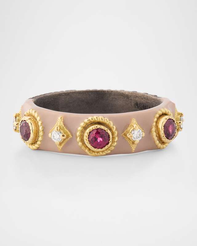 18K Rose Gold, Antiqued Silver, and Nude Enamel Stacked Ring with Diamonds and Purple Garnet