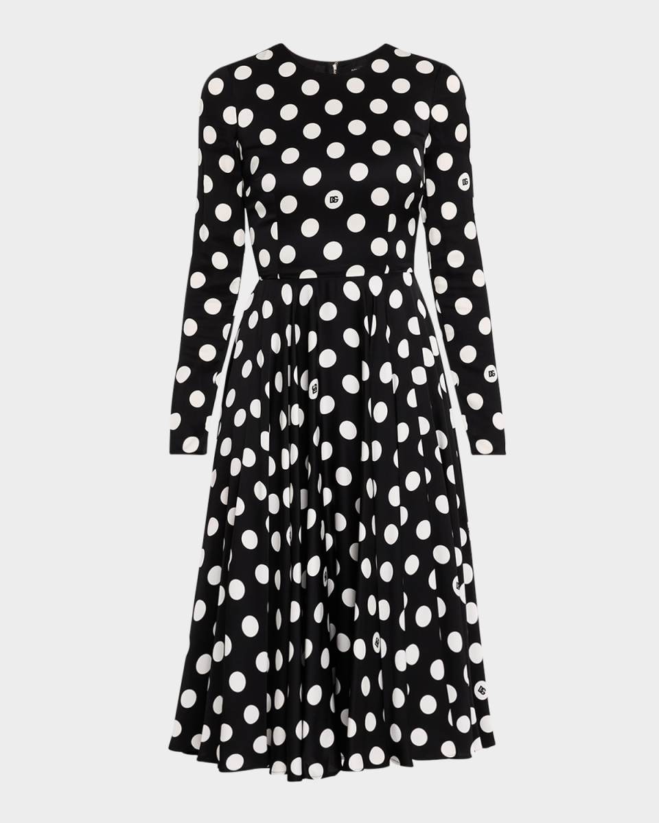 Logo Polka-Dot Silk Charmeuse Long-Sleeve Midi Dress