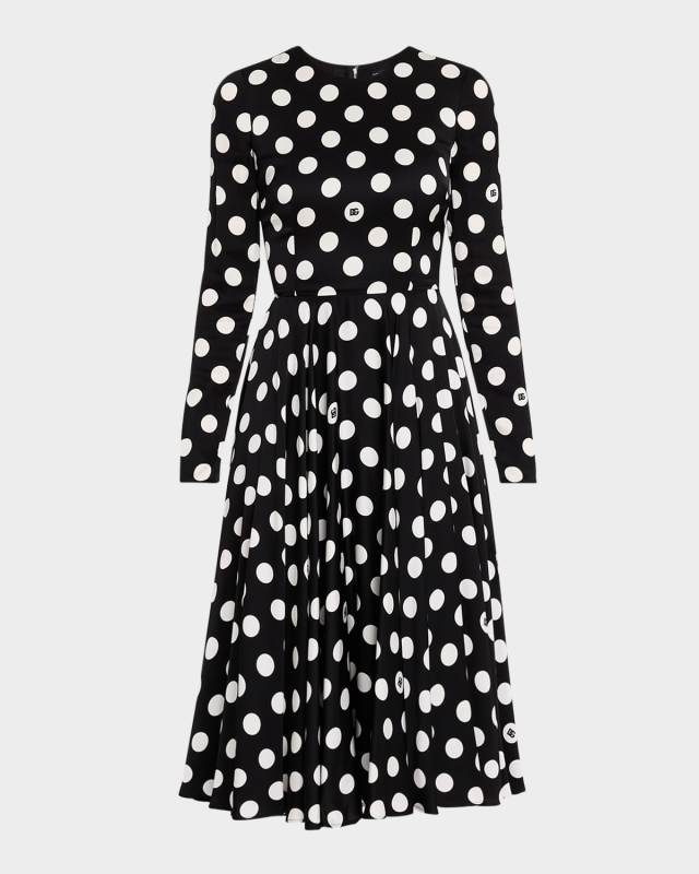 Logo Polka-Dot Silk Charmeuse Long-Sleeve Midi Dress
