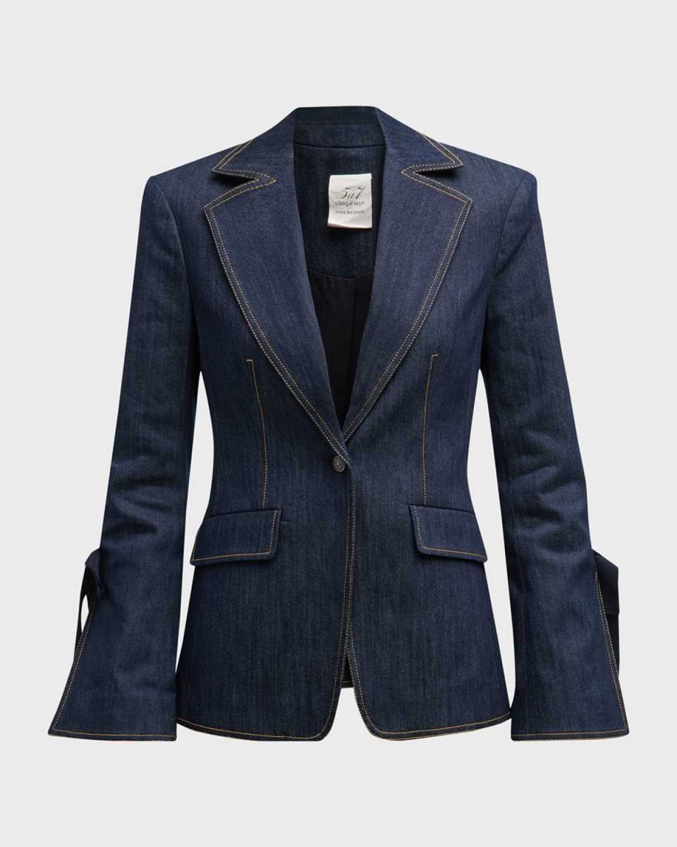 Lou Tie-Cuff Topstitched Denim Blazer