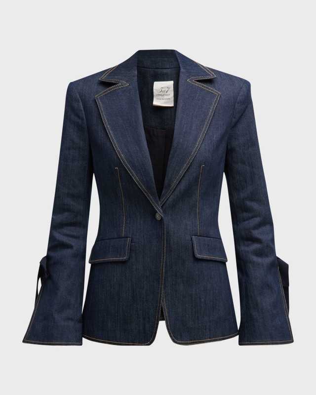 Lou Tie-Cuff Topstitched Denim Blazer