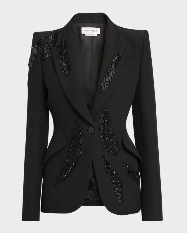 Tailored Blazer Jacket with Beaded Feather Embroidery