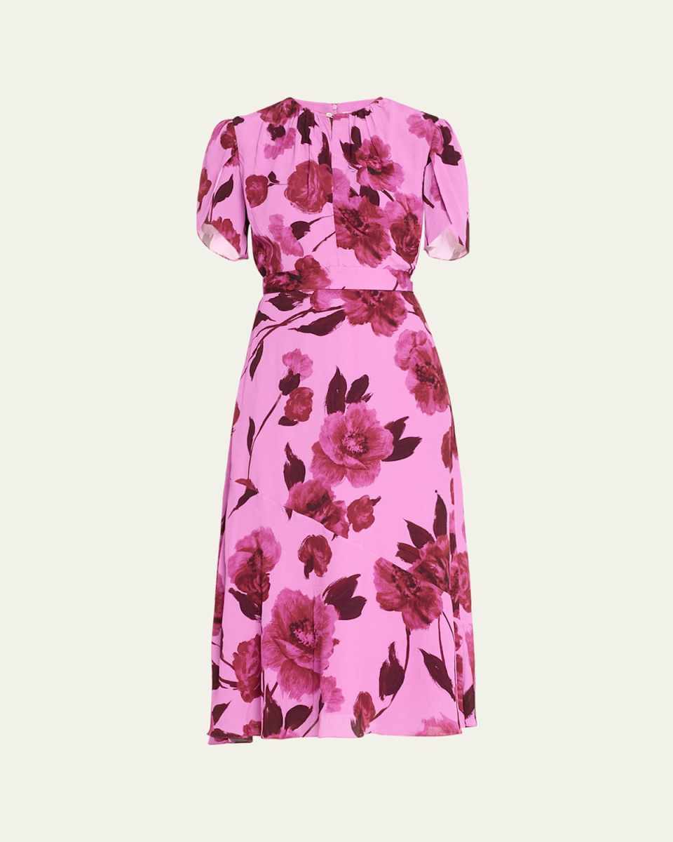 Floral Keyhole Belted Silk Midi Dress