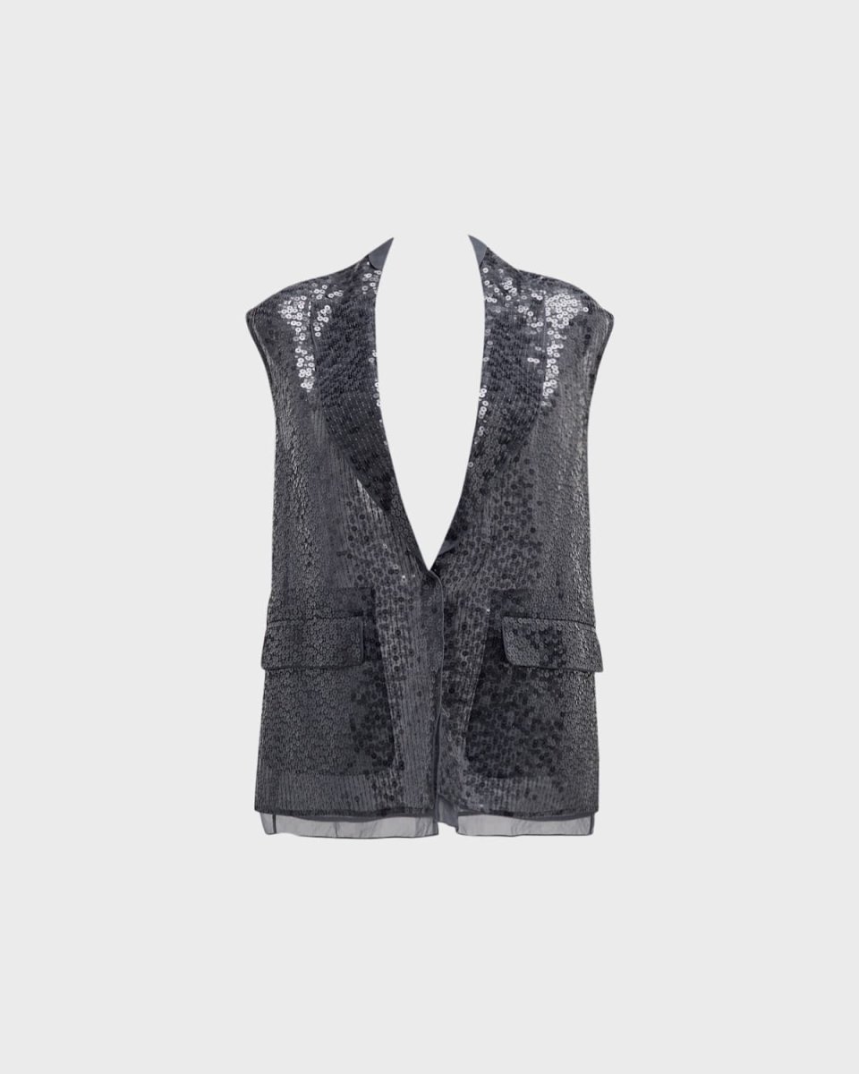 Crispy Silk Layered Long Paillette Vest