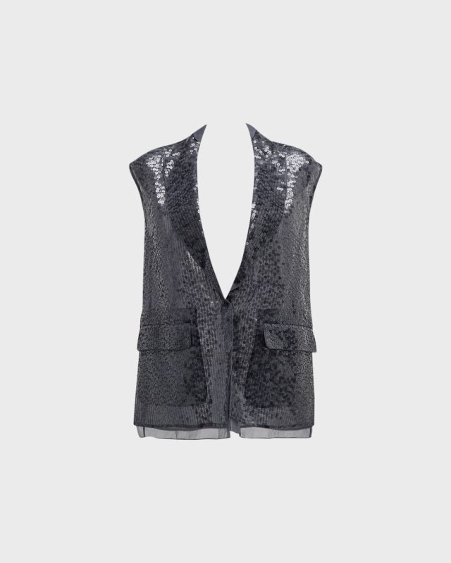 Crispy Silk Layered Long Paillette Vest